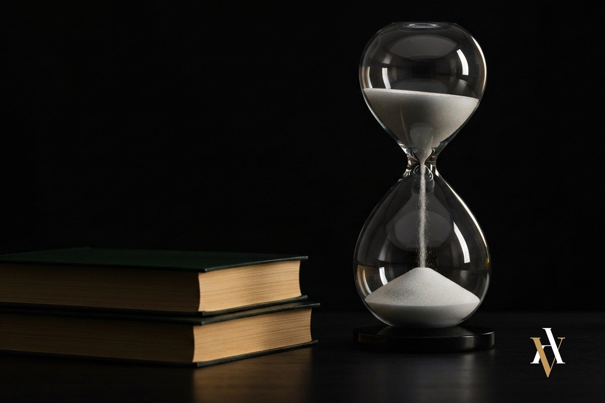 Reloj de arena junto a libros de derecho: los plazos de prescripción de los delitos sexuales