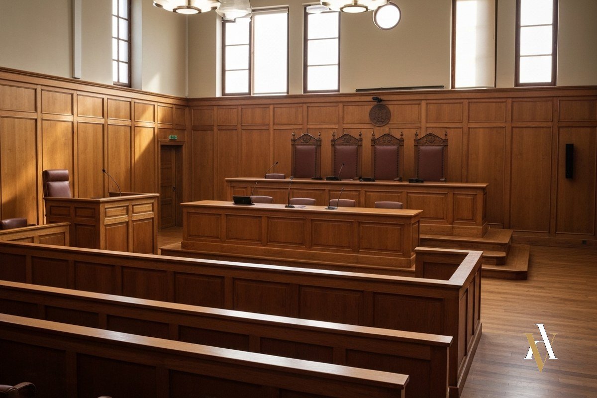 Sala de vistas vacía con el estrado del tribunal donde se enjuicia una agresión sexual grave