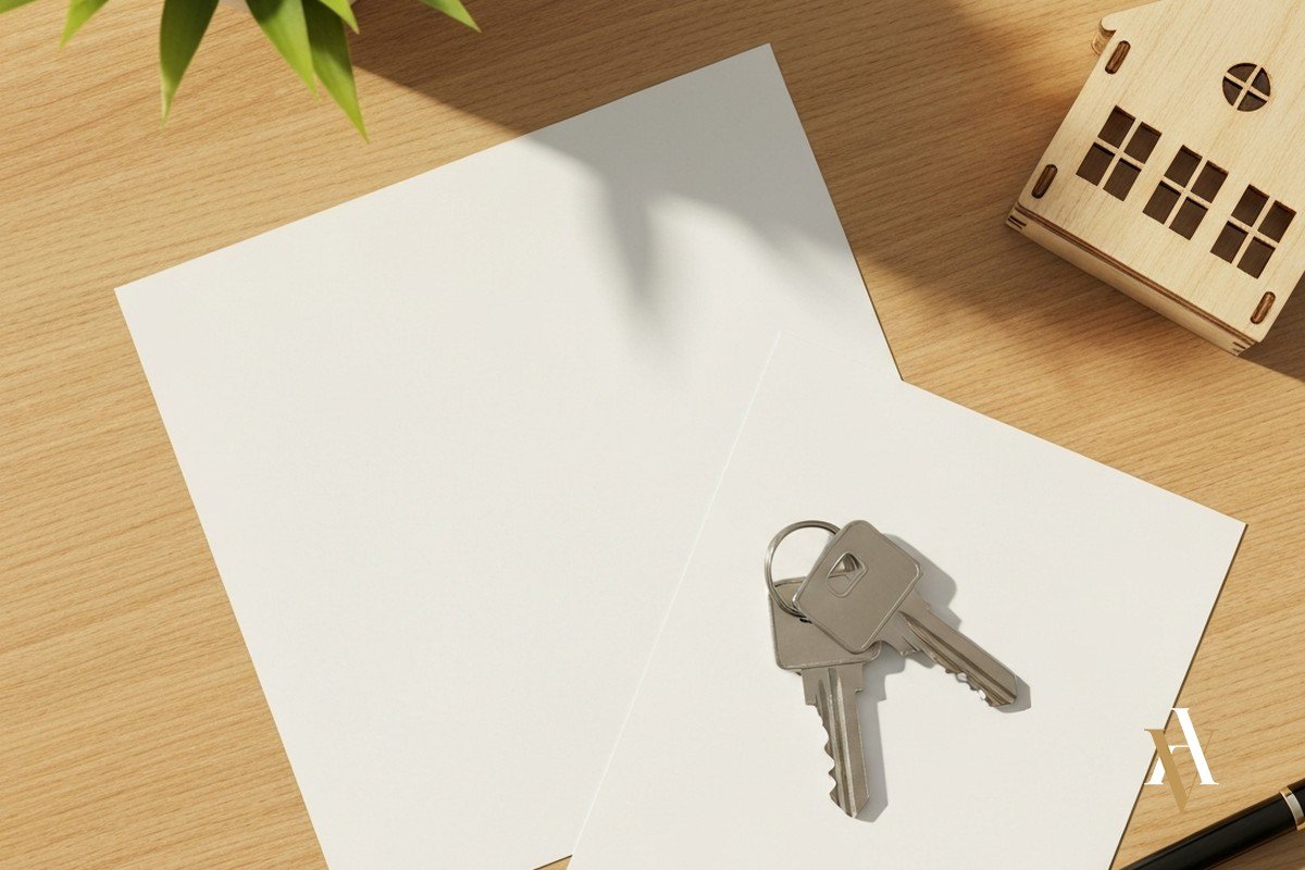 Llaves de vivienda y contrato sobre un escritorio, compraventa inmobiliaria
