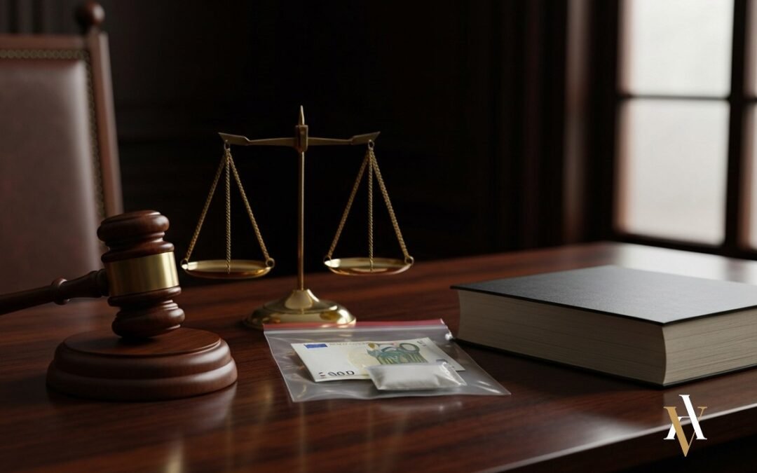 Mazo, balanza de la justicia y bolsa de pruebas con dinero y droga incautados, decomiso por tráfico de drogas