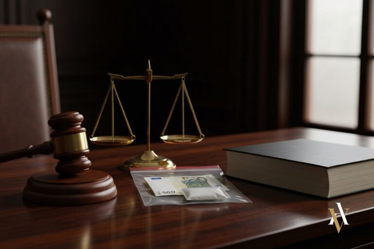 Mazo, balanza de la justicia y bolsa de pruebas con dinero y droga incautados, decomiso por tráfico de drogas