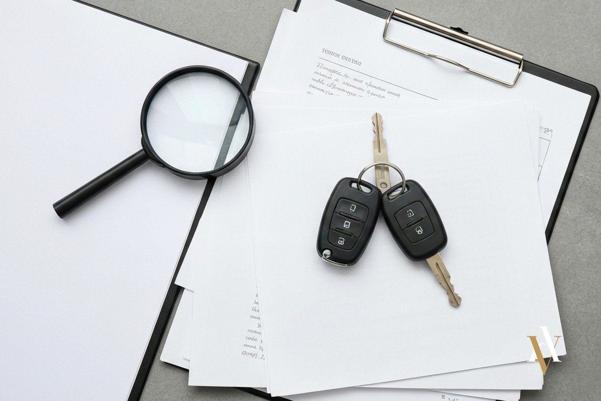 Llaves de coche y documentos, concepto de decomiso de bienes