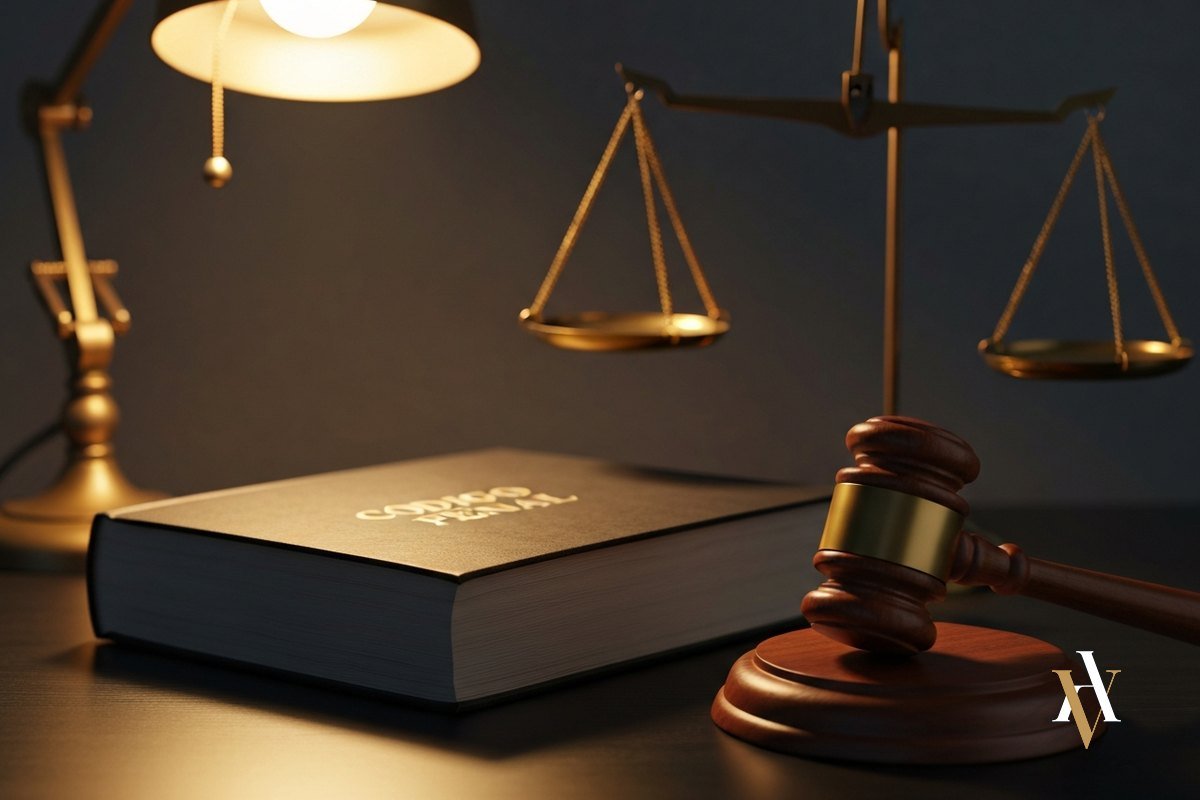 Codigo Penal espanol y mazo sobre mesa de despacho de abogado penalista Codigo Penal espanol y mazo sobre mesa de despacho de abogado penalista