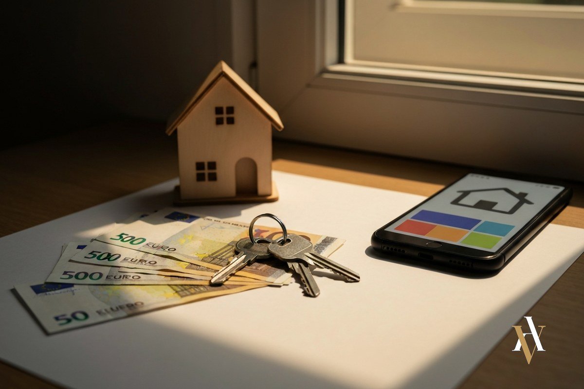 estafa en el alquiler de vivienda llaves y fianza en billetes junto a casa de madera y movil con anuncio