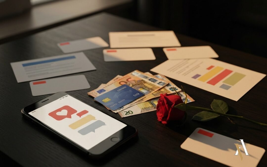 estafa amorosa chat de app de citas en movil con billetes tarjeta y rosa marchita