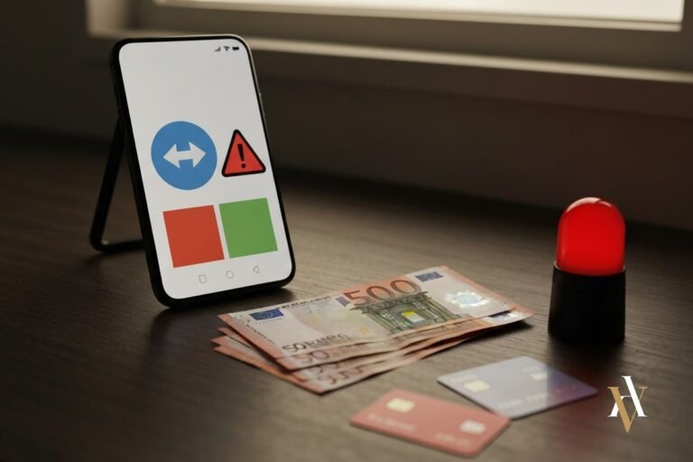 estafa por transferencia bancaria movil con flecha de envio y alerta junto a billetes y tarjeta