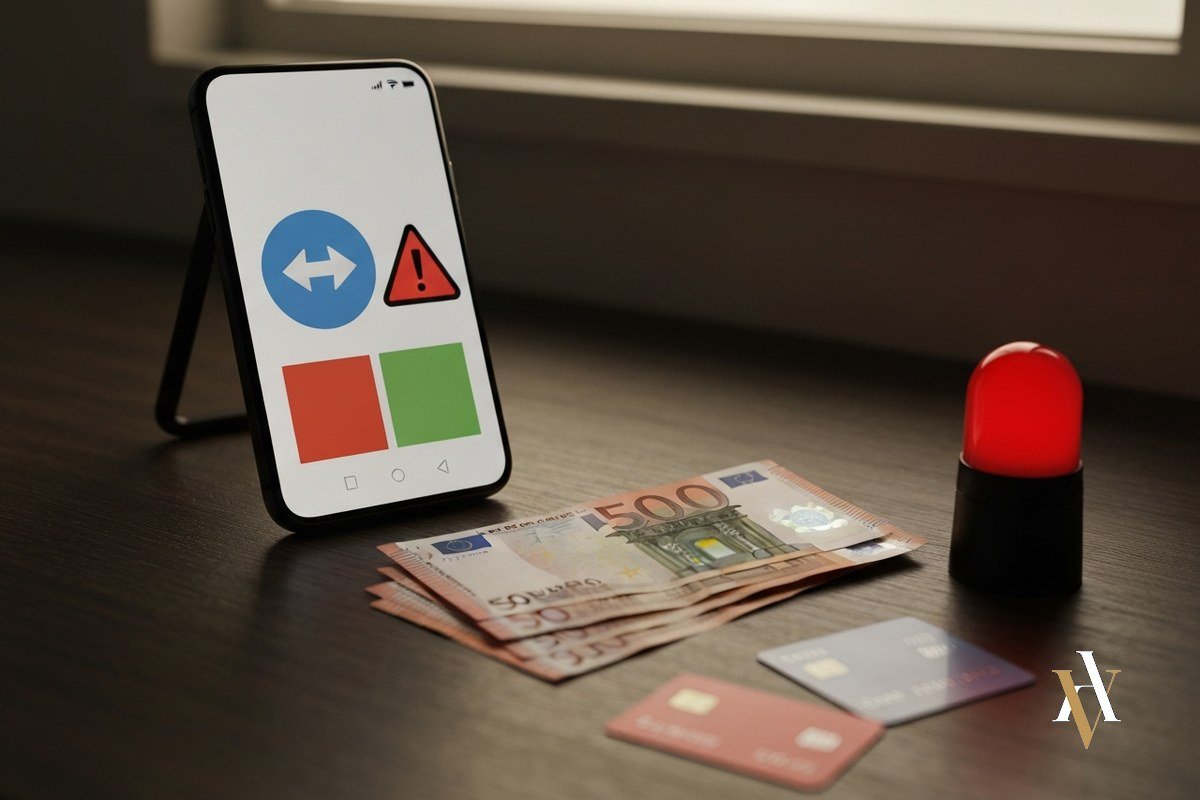 estafa por transferencia bancaria movil con flecha de envio y alerta junto a billetes y tarjeta
