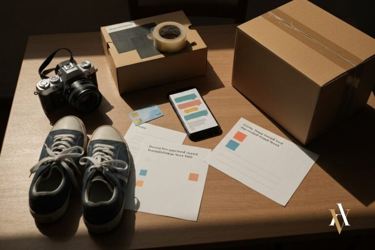 estafa en wallapop articulo de segunda mano y caja de envio junto a movil de negociacion