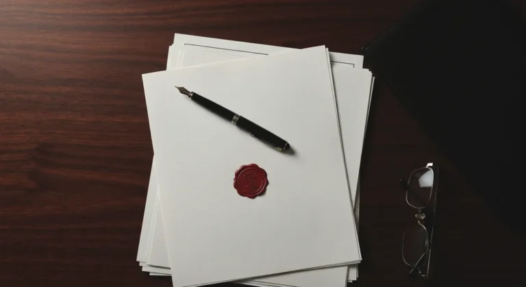 Escritorio de despacho con documentos, pluma estilográfica y sello, la firma del testaferro como titular formal