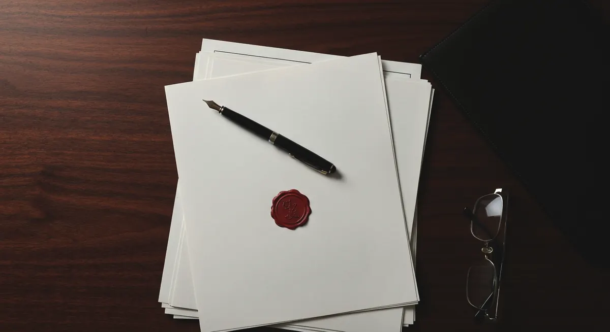 Escritorio de despacho con documentos, pluma estilográfica y sello, la firma del testaferro como titular formal