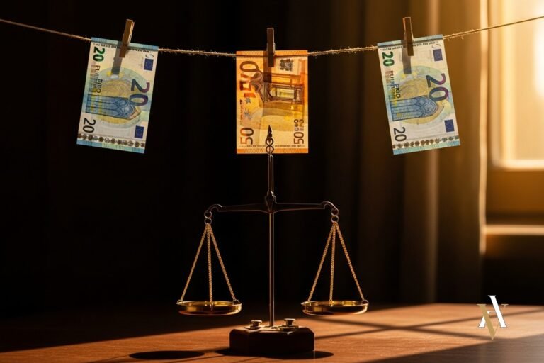 Tres billetes de euro tendidos con pinzas sobre una balanza de la justicia, cantidad minima en el blanqueo de capitales