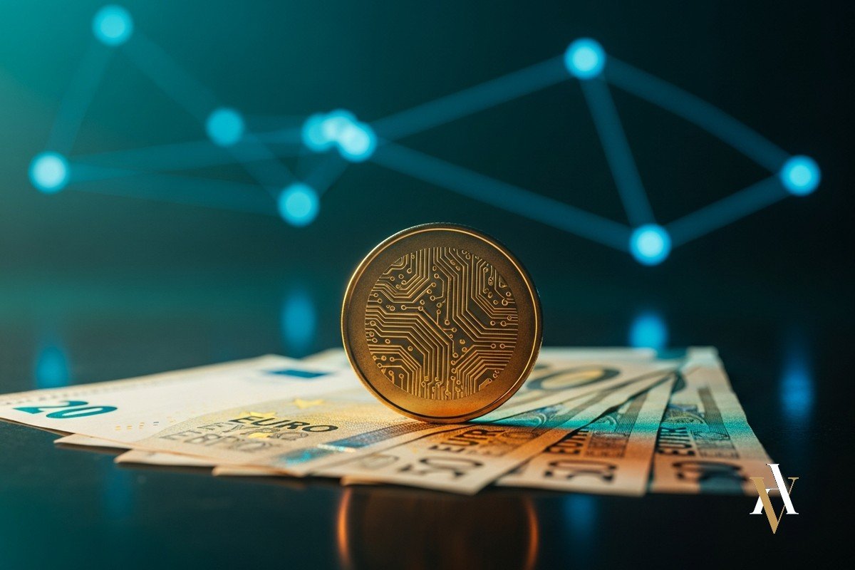 Moneda cripto sobre billetes de euro y red blockchain, blanqueo con criptomonedas