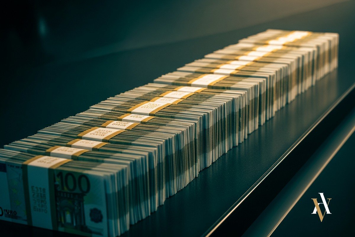 Fajos de billetes de euro en un mostrador, blanqueo con dinero en efectivo