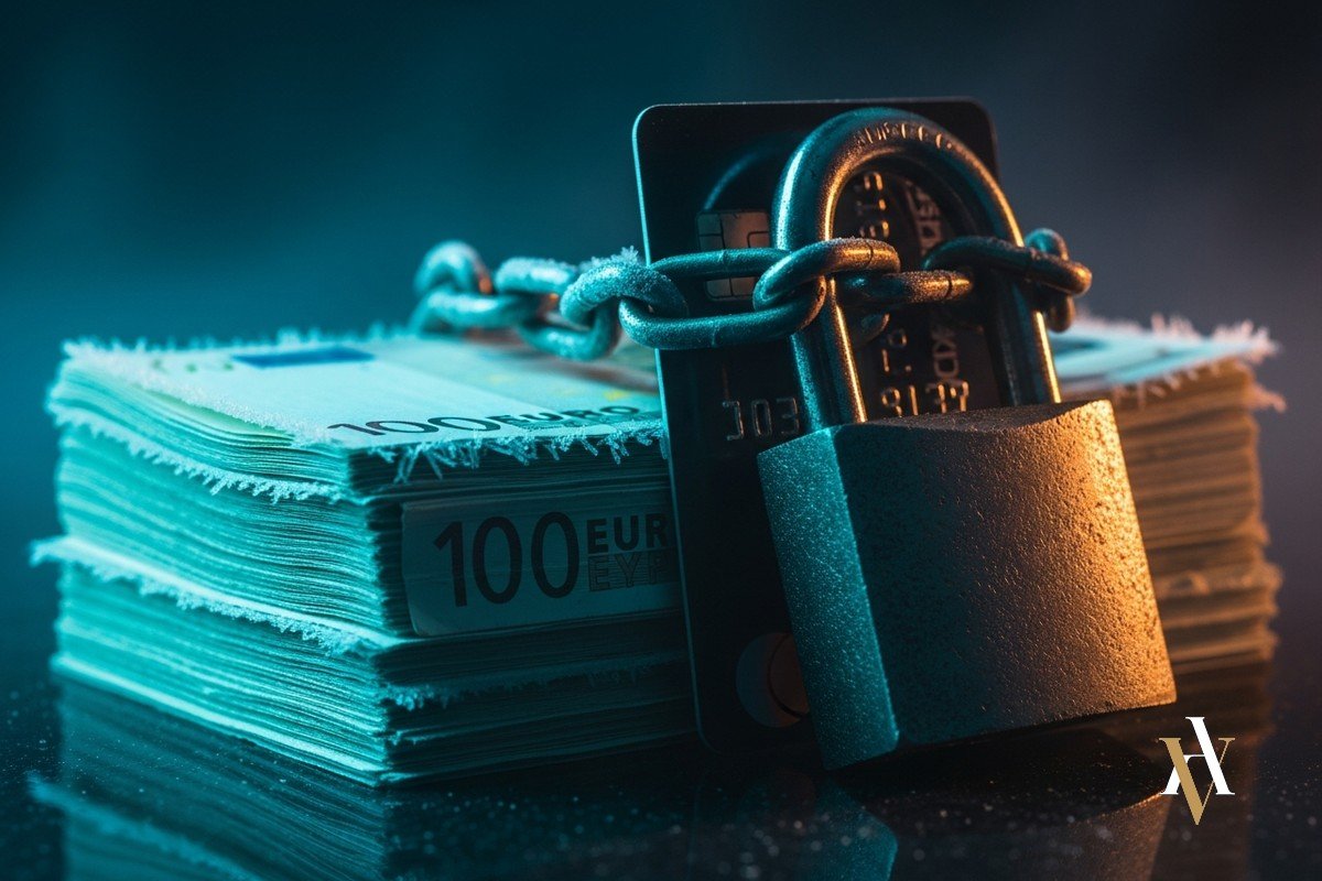 Fajo de billetes de euro con candado, cuenta bancaria bloqueada por blanqueo
