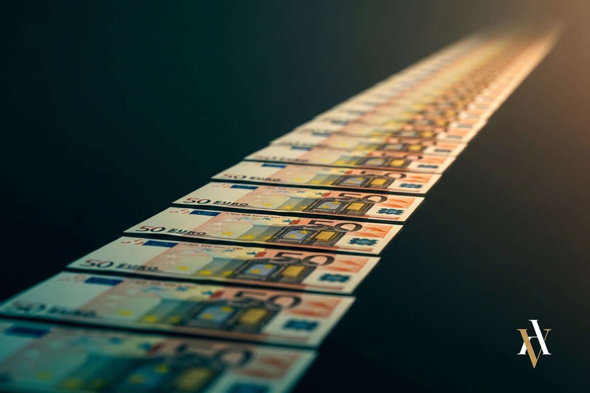 Fila de billetes de euro en repeticion, delito continuado de blanqueo