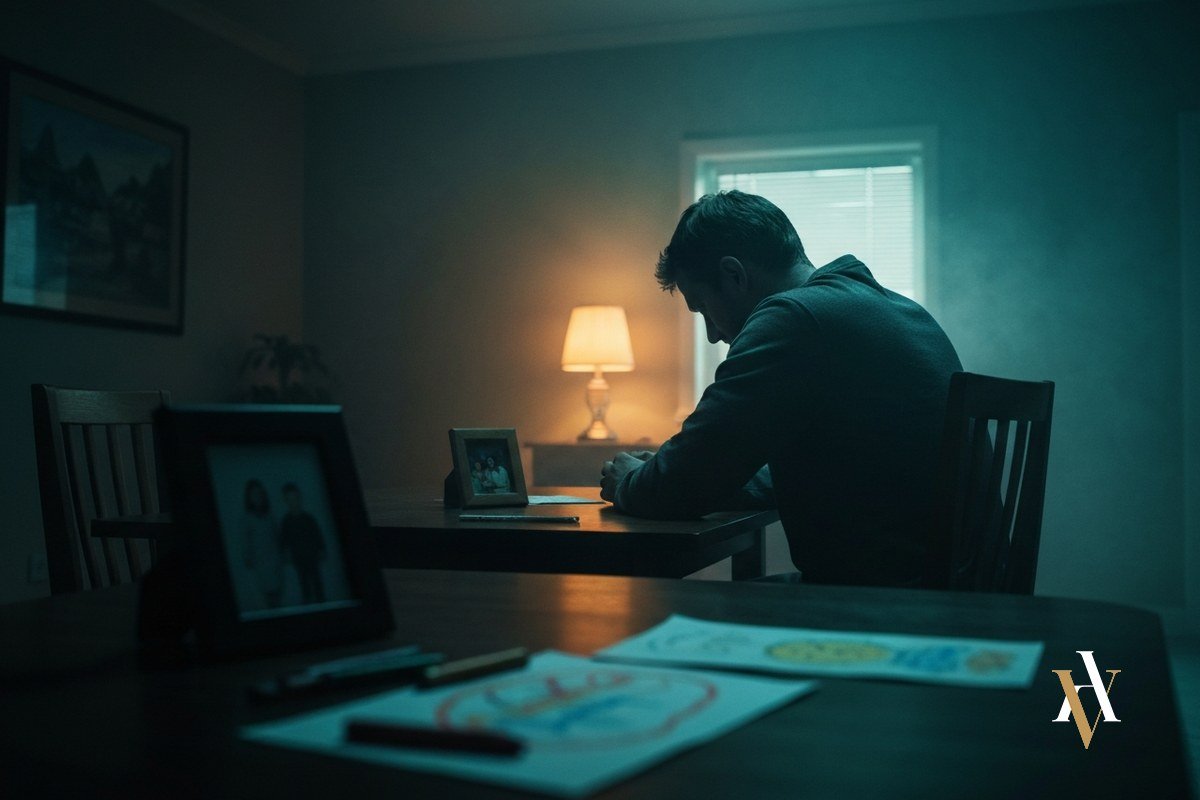 padre acusado en falso mirando una foto de familia y dibujos de sus hijos padre acusado en falso mirando una foto de familia y dibujos de sus hijos