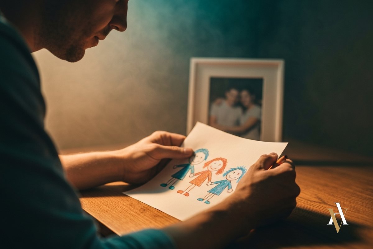 padre acusado falsamente de agresion sexual a sus hijos mirando un dibujo infantil en un divorcio