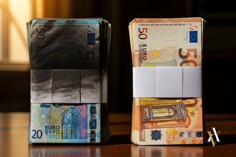 Fajo de billetes de euro tiznado de negro junto a otro impecable, diferencia entre dinero negro y blanqueo de capitales