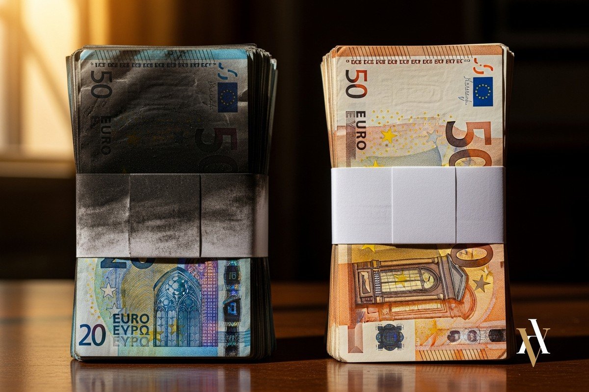 Fajo de billetes de euro tiznado de negro junto a otro impecable, diferencia entre dinero negro y blanqueo de capitales
