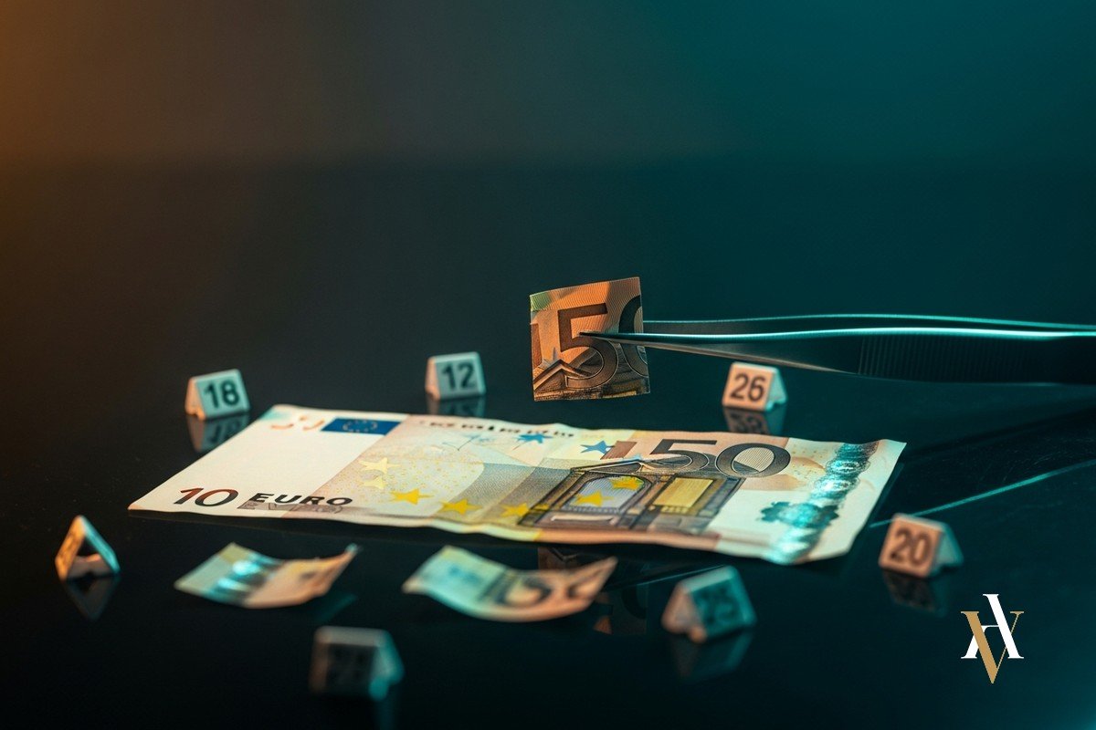 Billete de euro examinado con pinzas forenses, elementos del delito de blanqueo