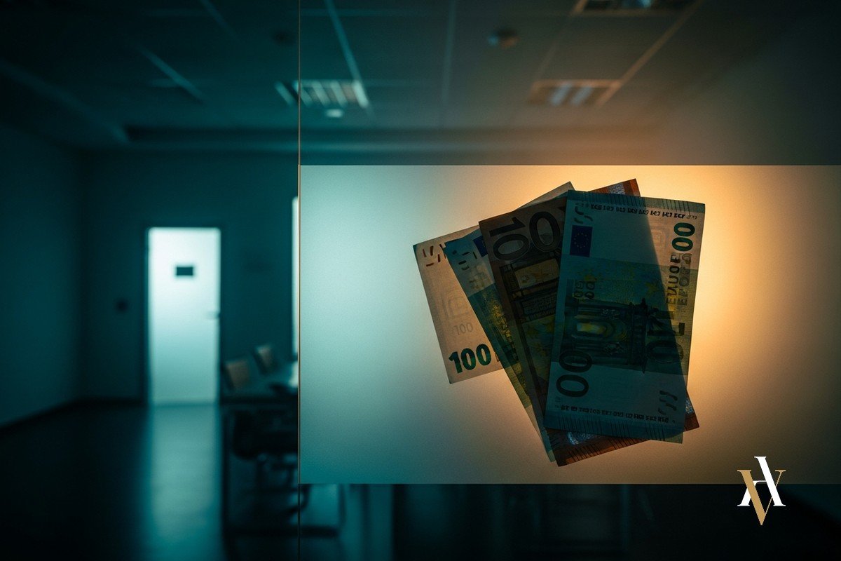 Billetes de euro tras un cristal en una oficina vacia, empresa pantalla