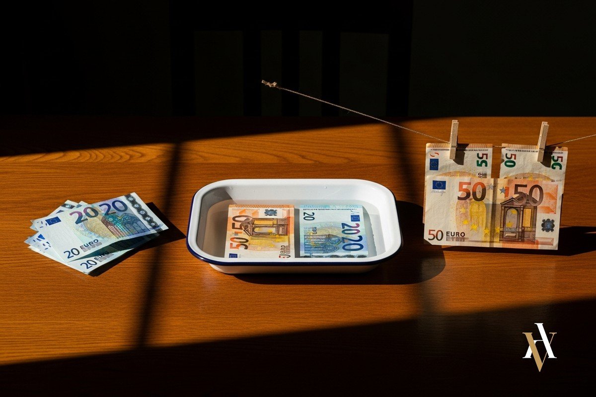 Las tres fases del blanqueo de capitales: billetes de euro apilados, en remojo en una bandeja y tendidos a secar