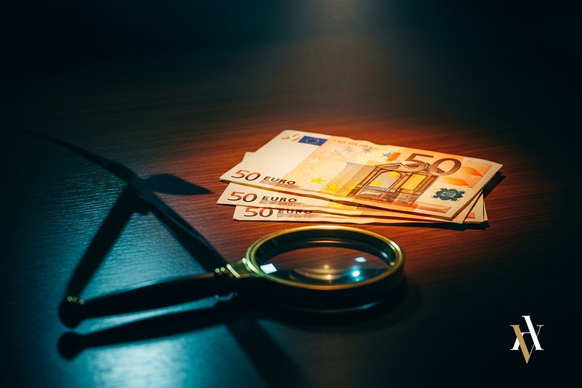 Billetes de euro y lupa sobre una mesa, acusacion de blanqueo de capitales