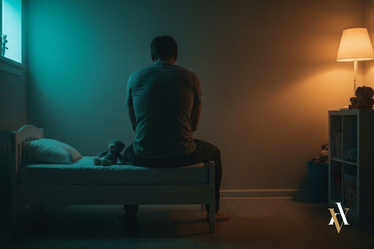 padre separado de sus hijos sentado en la cama infantil por una denuncia falsa padre separado de sus hijos sentado en la cama infantil por una denuncia falsa