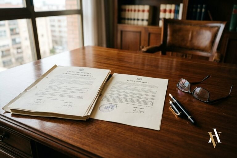 Documentos de una particion hereditaria y un poder notarial sobre la mesa de un despacho de abogados