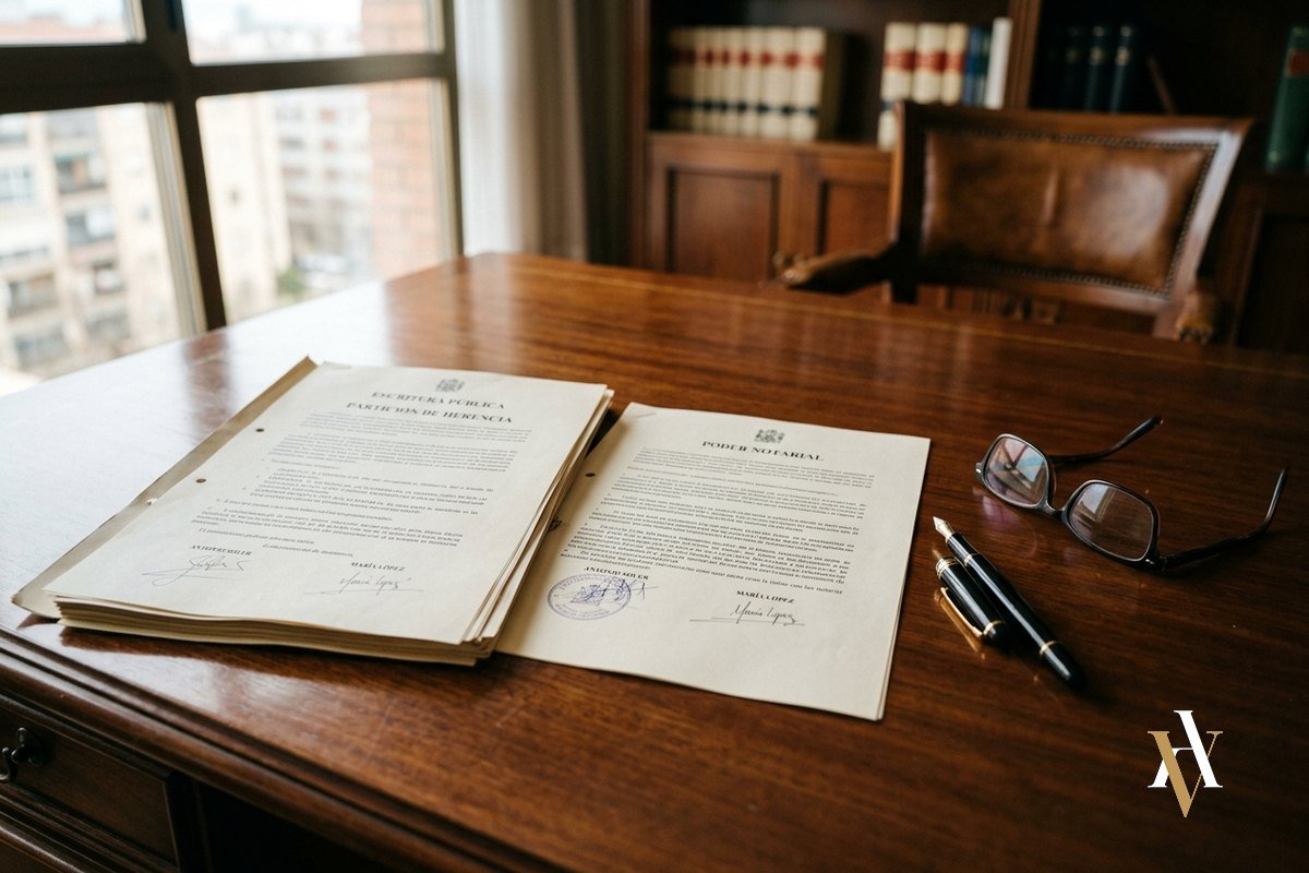Documentos de una particion hereditaria y un poder notarial sobre la mesa de un despacho de abogados
