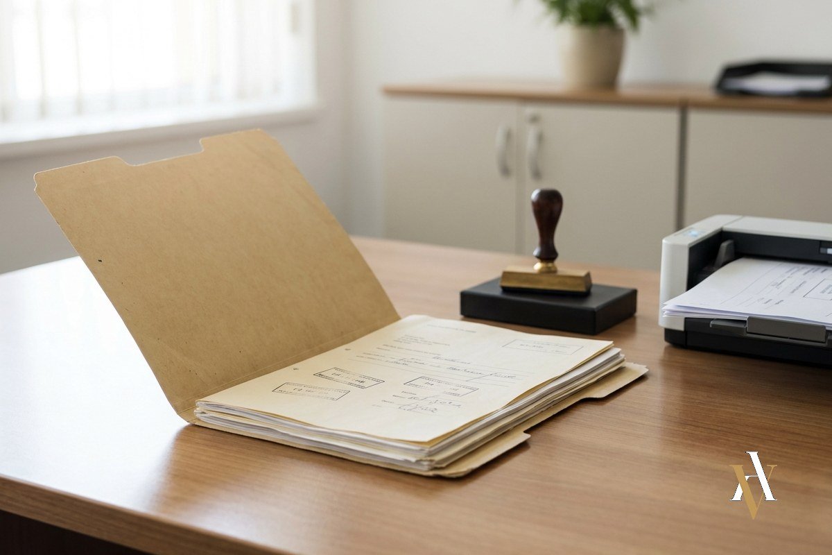Expediente administrativo con documentos sellados, tampon y escaner Expediente administrativo abierto con documentos sellados junto a un tampon y un escaner en una oficina publica
