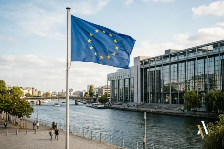 Bandera europea ante un tribunal en Estrasburgo, símbolo de la demanda ante el TEDH en materia penal