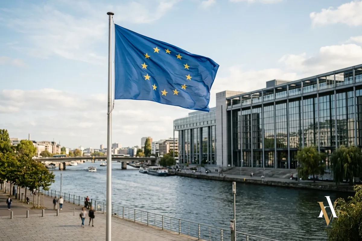 Bandera europea ante un tribunal en Estrasburgo, símbolo de la demanda ante el TEDH en materia penal