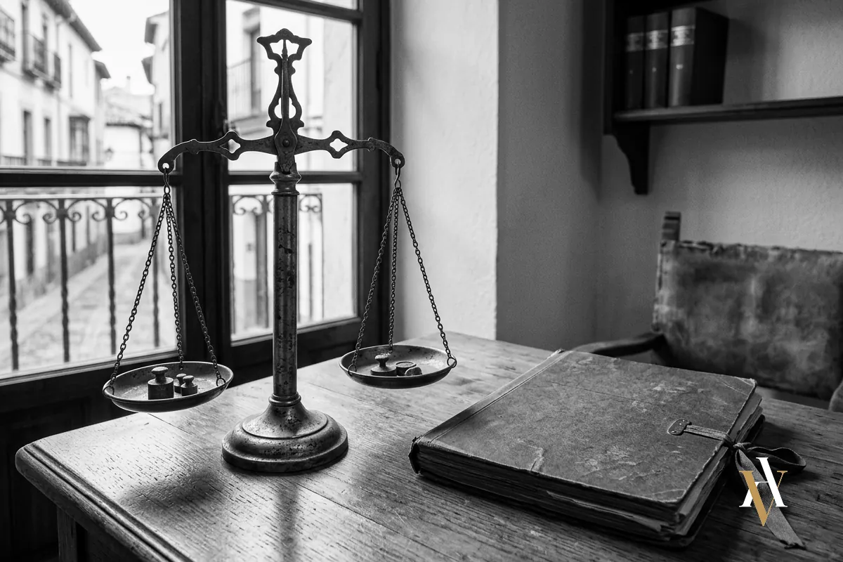 Una balanza de la justicia junto a un expediente cerrado sobre una mesa de despacho