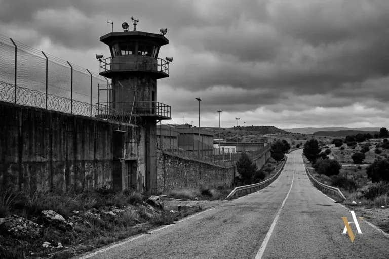 Camino de salida junto al muro de un centro penitenciario