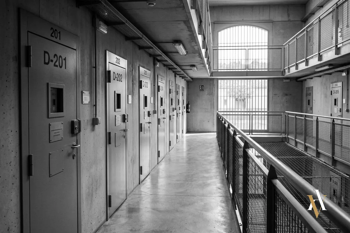 Pasillo de un módulo de régimen cerrado de un centro penitenciario español, con puertas de celda individuales