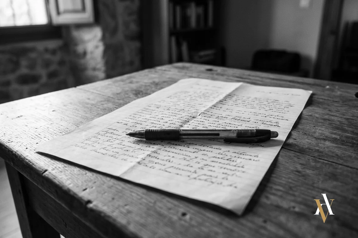 Instancia manuscrita y un bolígrafo sobre una mesa