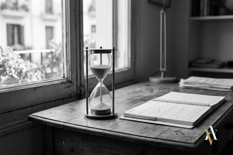 Un reloj de arena sobre una mesa junto a una ventana, que simboliza el largo cumplimiento de una condena
